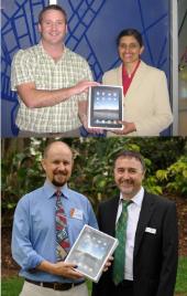 PhotoID:9600, Mary Tom receives her iPad from Brisbane Campus Director Trent McHenry (top) while Professor Rob Reed presents one of the gadgets to Geoff Higgins