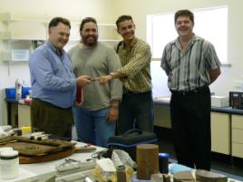 PhotoID:4010, Professor Richard Clegg (L) shows Jean-Pierre Beaudry and Thierry Bonnet De Larbogne from the Koniambo Nickel Project and Gladstone Head of Campus, Pierre Viljoen some of the research underway at the PELM centre in Gladstone