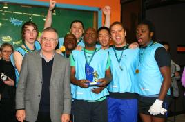 PhotoID:9430, The Chancellor congratulates the gold medal soccer team