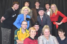 PhotoID:11254, Some of the many cast and crew who have CQUniversity connections. Back row L-R: Dean Netherwood, Ben Giles, Justin Stewart, Matthew Dennis, Nadene Housman; Centre Row L-R: Melissa Fenlon, Michael Robertson; 2nd Row L-R: Kerrod Wells, Scott Young; Front Row: L-R: Gillian Busch, Natalie Latimer, Elizabeth Tansley  