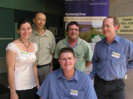 PhotoID:6446, With National Hymenachne Management Group Coordinator Rob Cobon (seated) are Dr Susan Kinnear and Dr Leo Duivenvoorden (CQUniversity), Murray Bullock from Fitzroy River Coastal Catchments and Professor John Rolfe (CQUniversity).