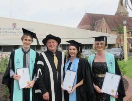 PhotoID:14419, Vice-Chancellor Scott Bowman with L-R Grant Stevenson (Bachelor of Business [Marketing] with Distinction); Katrina Lane-Krebs (Graduate Certificate in Tertiary Education); and Ruth Pickton (Bachelor of Environmental Science). Grant, Katrina and Ruth are also CQUni staff members