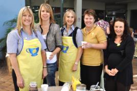 PhotoID:9001, Enjoying the Biggest Morning Tea are L-R Linda Daniels, Andrea Green, Liane Plant, Tammy Harth, Fleur Howland 