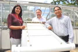 PhotoID:11811, Sadia Khan, Professor Rob Reed and Dr Mohammad Rasul display their research equipment