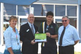 PhotoID:10012, L to R Teacher Claire Sinclair, Ron Bishop, Simon Deane, and Principal Kerry Swann from Xavier Catholic College.