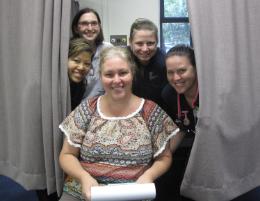 PhotoID:11949, CQUni Nursing academic Justine Connor checks the result of her health check with help from nursing students L-R Jenny Latcham, Rachel Scott, Kimberley Reid and Sherrie Lee