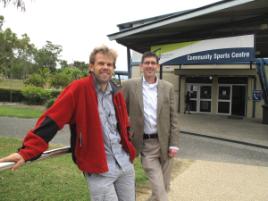 PhotoID:10988, Visiting researcher Dr Stewart Trost (right) chats with Dr Corneel Vandelanotte on Rockhampton Campus, near the athletics track he used to compete on as a teenager