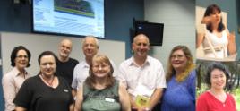 PhotoID:9831, Moodle presenters L-R Kate Ames, Kylie Radel, Steve McKillup, Errol Vieth, Jennifer Kofoed, Scott Aldred, Lisa Bricknell with Wendy Madsen and Fiona Coulson. Top Ten list member Paloma Cesare was not able to present