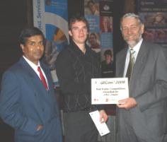 PhotoID:5878, Best Poster Competition winner John Amsler (centre) with his project supervisor Nirmal Mandal (left) and academic Fons Nouwens