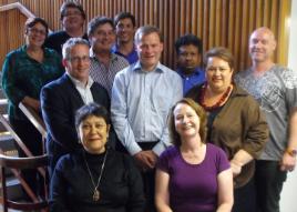 PhotoID:13847, Prof Bronwyn Fredericks (second from right) with UTAS' VC and DVC (Research) and other network leaders meeting in Hobart