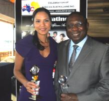 PhotoID:13016, Associate Professor Yeboah Gyasi-Agyei pictured at the awards alongside SBS TV newscaster Janice Peterson