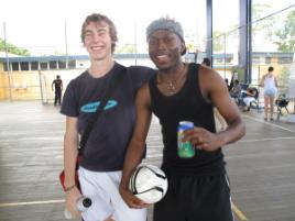 PhotoID:8790, Indoor soccer mates James McIntyre and Mike Akpughe prepare for the Mini-Olympics on campus