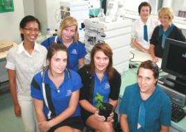 PhotoID:6899, PhD student Ria Reyes (back left) opened up the world of Stevia to year 11 students Sammy Faukner (near Ria), Paris Hamrey, Jess Jancauskas, Annalise Pope (front l-r), Jacqui Condon and Zoe Truscott (back l-r).