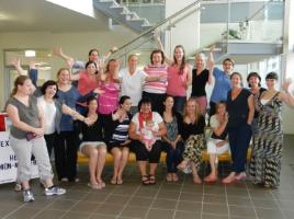 PhotoID:11965, Graduate Diploma of Midwifery students celebrate with staff after a week of residential school activities