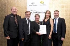 PhotoID:13633, Prof Kerry Reid-Searl and supporters at the Canberra ceremony. L-R VC Prof Scott Bowman, Roger Searl, Prof Kerry Reid-Searl, Marlene Page and Prof Rob Reed