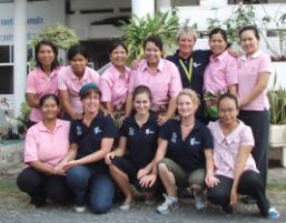 PhotoID:6746, Some of the contingent meeting nurses in Thailand, including top row Dr Kerry Reid-Searl and bottom (from left) Lea Vieth, Emma Benecke and Vicki Zahl