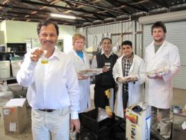 PhotoID:11171, Showing the various stages of the biodiesel extraction process are L-R Nanjappa Ashwath (CQUni), Cameron Laing (QUT), Mohammad Rasul (CQUni), Mohammad Jahirul Islam (QUT) and Jakub Leski-Taylor (QUT). Masud Khan (CQUni) is also part of the project