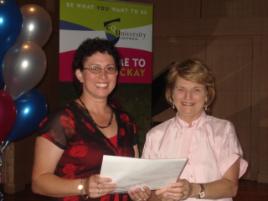 PhotoID:6369, Award recipient Wendy Dempster receives the 2008 Mackay Mentor of the Year Award from Mary McLeod, Manager Student Support Centre.