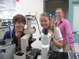 PhotoID:8586, Researcher Sabine Smith-Flenady introduces Yeppoon High's Matt Kibbler-Brown and St Ursula's College student Elizabeth Bradshaw to the immunology laboratory