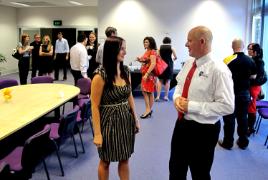 PhotoID:14258, Prof Bowman chats with Capricorn LaunchPad breakfast organiser Brittany Lauga