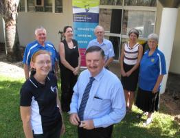 PhotoID:13814, Gwenda Chapman (front) with Michael Harris from Rotary and other well-wishers from Rotary and CQUniversity L-R Murray Smith, Tamsen Clifford-Banks, Les McLean, Suzi Blair and Dawn Hay