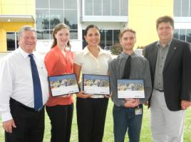 PhotoID:12235, Major Col Meng (far left) and Professor Pierre Viljoen (far right) congratulate Amy Corbett, Phoebe Vannoort and Sam Davis. Phoebe and Sam are CQUni Mackay students