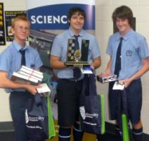 PhotoID:9571, Winners of the Science Quiz Mackay Christian College's Brad Nichols, William Napier and Nicholas Buttler.