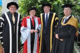 PhotoID:10807, Hon Michael Kirby (second from left) with Professor Scott Bowman, Acting Chancellor Charles Ware and Dean of Commerce and Law Robert Fisher