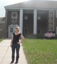 PhotoID:11023, Bridget in front of the Delta Zeta sorority house