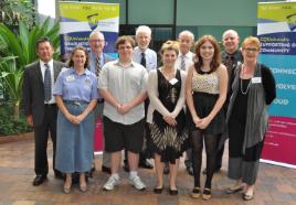 PhotoID:12406, Iwasaki Foundation Scholarship recipients Thomas Donaldson, Destiny Powell and Rebecca Armitage (front centre) flanked by Foundation and University representatives L-R Ted Mitani, Lillian Lever, Chris Kennard, Ross Quinn, Hugh Grant, Professor Scott Bowman and Vicki Bastin-Byrne