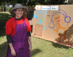 PhotoID:12433, Lecturer Gillian Busch in front of the popular cardboard maze PhotoID:12433, Lecturer Gillian Busch in front of the popular cardboard maze