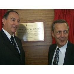 PhotoID:10722, Ron Smyth (right) with then Chancellor Justice Stan Jones at the official naming of the Ron Smyth Building in Quay Street in 2002