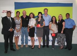 PhotoID:13583, Members of the research team and Community Advisory Committee L-R Dr Ezaz Ahmed (CQUni), Aswini Sukumaran (CQUni), John Beeson (GMAI), Karen Sweeney (GAPDL), Fei Matheson (GMAI), Kurt Heidecker (GILG), Natalia Muszkat (WIN), Dr Ros Cameron (CQUni), Luis Arroyo (GRC)