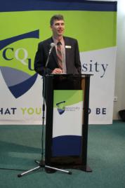 PhotoID:14917, CQUniversity's Owen Nevin officially opens the Gladstone art exhibition. 