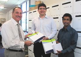 PhotoID:10468, Professor Kevin Tickle (left) congratulates Dr Ananda Wickramasinghe and Dr Roland Dodd