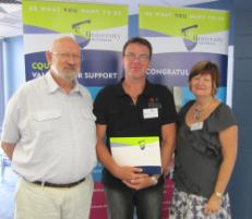 PhotoID:10450, Bundaberg Head of Campus Professor Phillip Clift and Director of Academic Learning Services Karen Seary with Jenny Simpson Memorial Scholarship winner Alberto Pogliacomi