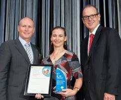 PhotoID:14185, Dr Sandrine Makiela receives her award from ABARES Chief Scientist Dr Kim Ritman (left) and Agriculture Minister Senator Joe Ludwig