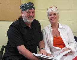 PhotoID:11736, Professor Susanne Knudsen and Associate Professor Mike Horsley chat about learning and teaching materials, at Rockhampton Campus this week