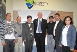 PhotoID:10852, L-R Roshan Subedi, Phul Subedi, VIP visitor Mr Sharma, Professor Bowman, Resham Gautham, Naresh Rimal and Deepa Rijal