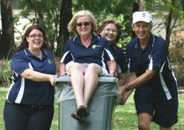 PhotoID:6714, Navigate CQUni Fun Run team members Kirstin Parsons, Robyn Sherwood (on bin), Susan Collins and Ross Munro.