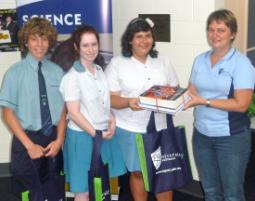 PhotoID:9573, Third place getters were Mercy College's Lachie Walker, Michelle Baron and Stephanie Said. They are pictured here with Delma Clifton.