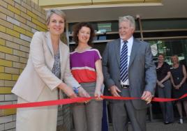 PhotoID:13403, Minister Plibersek, MP Kirsten Livermore and Professor Graham Pegg with the ceremonial ribbon