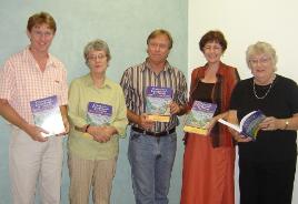 PhotoID:4264, The three editors and two contributing authors, l-r Dr Mike Danaher, Carol Gistitin, Associate Professor Steve Mullins, Dr Barabra Webster and Dr Betty Cosgrove