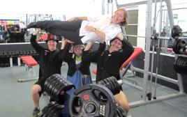 PhotoID:11706, CQUni gymnasium staff L-R Brendan Kanowski, Shannan Rye and Billy Sarandria are keen to hoist blood stocks, as well as Rachael Speechley from the Australian Red Cross Blood Service