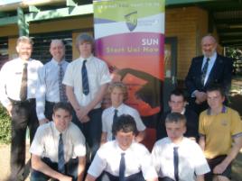 PhotoID:7214, SUN students and supporters include- Back Row:  Craig Corpe (St Luke's), Ron Bishop (CQUniversity), Guy Templeman, Kai Sannholm, Matt Leacy, Lee O'Loughlin and Professor Clift (CQUniversity). Front Row: Richard Colborne, Brandon Wake and Alexander McRae