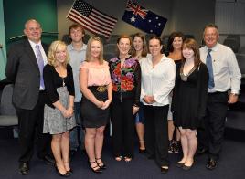 PhotoID:8858, United States Consul General, Judith Fergin (centre) with VC Professor Scott Bowman (left), Mayor Brad Carter (right), AustraLearn's Sheila Houston (third from right) and students Whitney Orlando, Billy Sarandria, Mary Straughn, Katie Mercer, Lizzy Wolfson and Christine O'Boyle