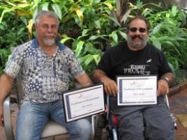 PhotoID:10029, Nulloo Yumbah Learning Advisor Laurie Armstrong (right) congratulates Peter Barnes on his recent awards.