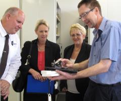 PhotoID:13256, L-R Vice-Chancellor Professor Scott Bowman, Senator Fiona Nash, Michelle Landry and Engineering staff member Ray Kearney inspect models made with a 3D printer on campus