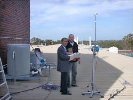 PhotoID:6328, CQUniversity doctoral fellow Mr Manouchehr Torabi (Left), with ANSTO scientist David Wassink running an experiment for monitoring of aeration uniformity along the 250m long aerated irrigation stream at ANSTO in Sydney.  