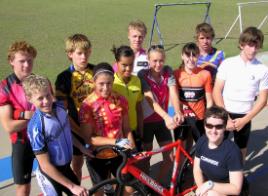 PhotoID:4952, Morwenna Kirwan (black shirt) with the talent-spotted cyclists: Left right top: Matt Ruckert, Trent Huff, Tim Hindmarsh, Mitch Stewart, Jackson Toole; Left right bottom: Greg Hindmarsh, Bec Stevenson, Nance Pepper, Taylah Jennings, Sam McNevin